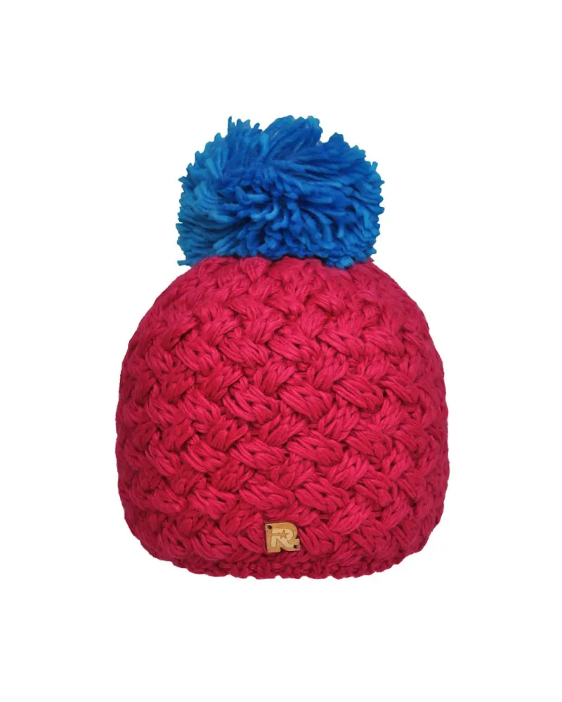 Bonnet fushia, pompon bleu - Vente de bonnet en laine - Toutacoo.